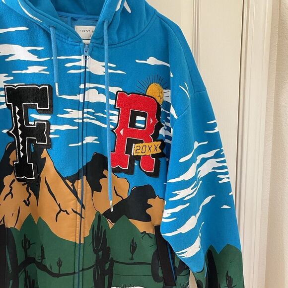 First Row Graphic Mountain Hoodie Full Zip Embroidered Applique Men's Size Large - Picture 5 of 16